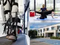 Kolaz z rehabilitacją: pacjent w egzoszkielecie, ćwiczenia z fizjoterapeutką, nowoczesny budynek.