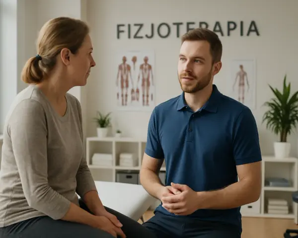 Fizjoterapeuta w gabinecie rozmawia z pacjentką.