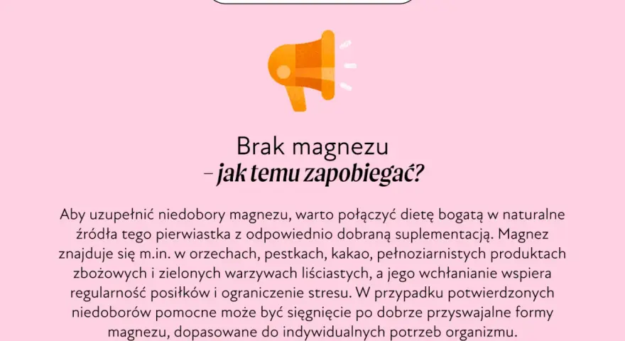 Grafika informuje o tym, jak zapobiegać niedoborom magnezu, wymieniając jego naturalne źródła i sposoby suplementacji.