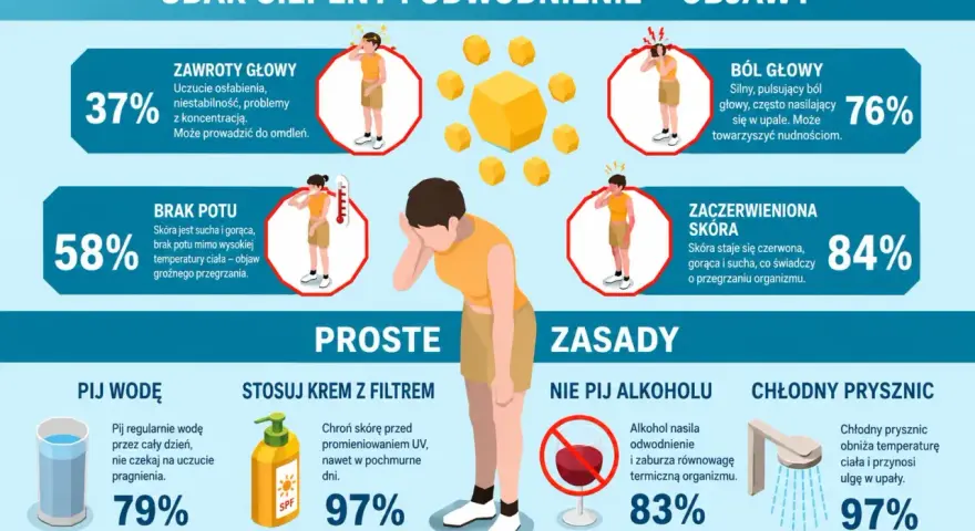 Objawy odwodnienia u dziecka: zawroty głowy, ból głowy, brak potu, zaczerwieniona skóra. Pij wodę, stosuj krem z filtrem, unikaj alkoholu, bierz chłodne prysznice.