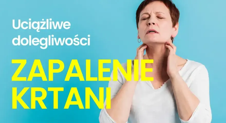 Kobieta z bólem gardła i chrypką, cierpi na zapalenie krtani.