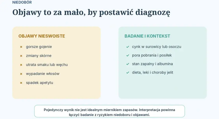 Niedobór cynku objawy: gorsze gojenie, zmiany skórne, utrata smaku/węchu, wypadanie włosów, spadek apetytu. Badania i kontekst.