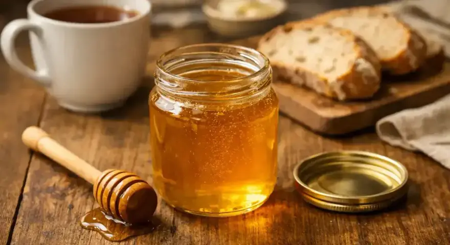 Słoik złocistego miodu, drewniana chochla, kubek herbaty i kromki chleba. Czy miód jest zdrowy? Tak, to naturalny słodzik.