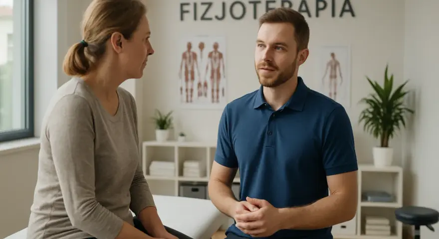 Fizjoterapeuta w gabinecie rozmawia z pacjentką.