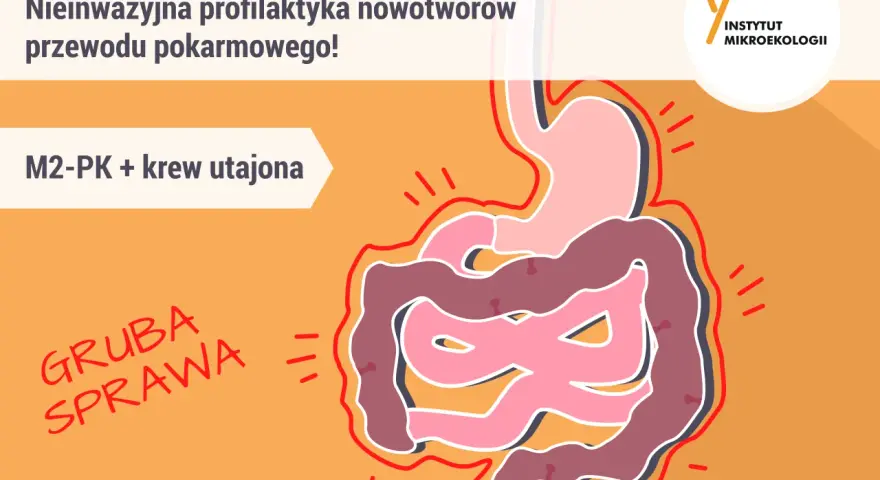 Grafika przedstawia jelito grube i żołądek, symbolizujące układ pokarmowy. Tekst informuje o nieinwazyjnej profilaktyce nowotworów i badaniu M2-PK + krew utajona, które są ważnymi markerami nowotworowymi jelita grubego.