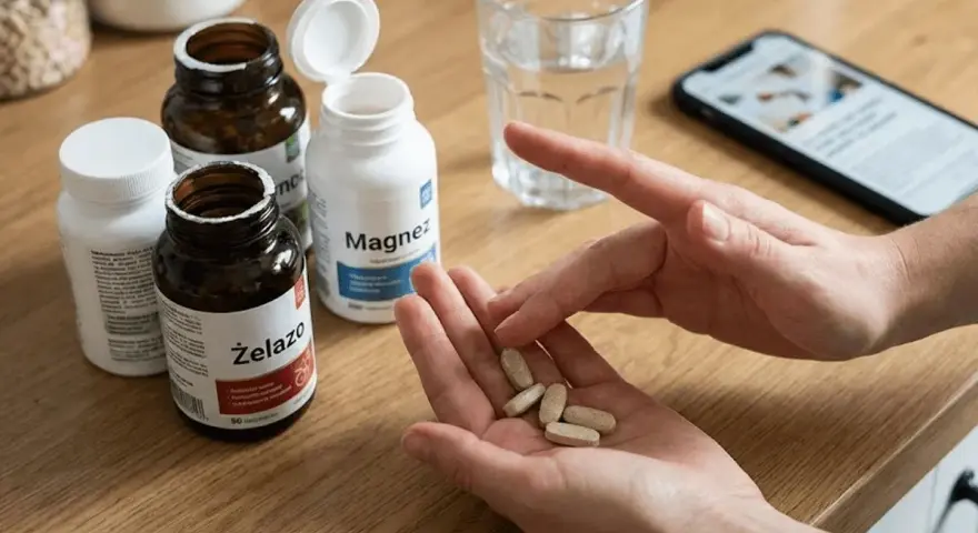 Ręka z tabletkami, obok butelki z napisem "Żelazo" i "Magnez". Dowiedz się, jakich witamin nie łączyć.