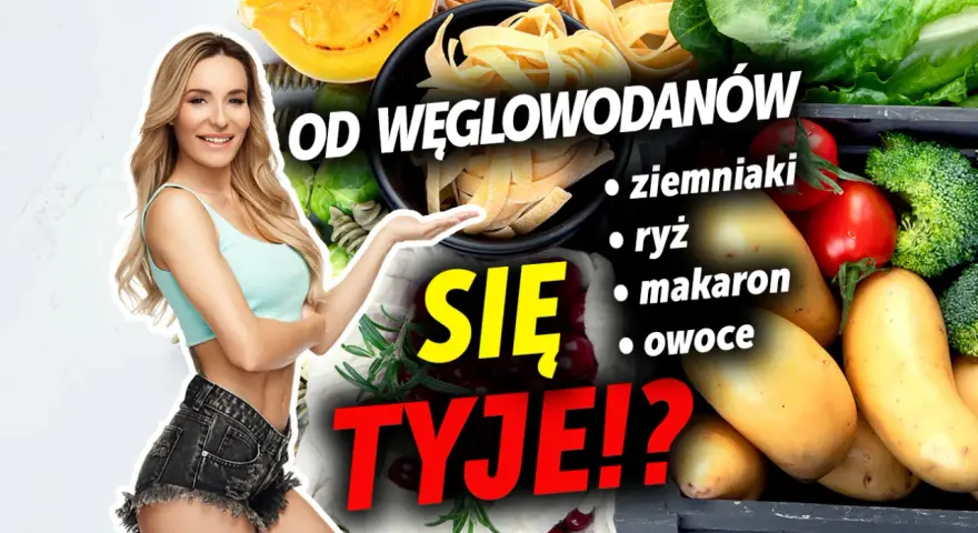 Kobieta obok warzyw i makaronu pyta: "Od węglowodanów się tyje?". Węglowodany to m.in. ziemniaki, ryż, makaron, owoce.