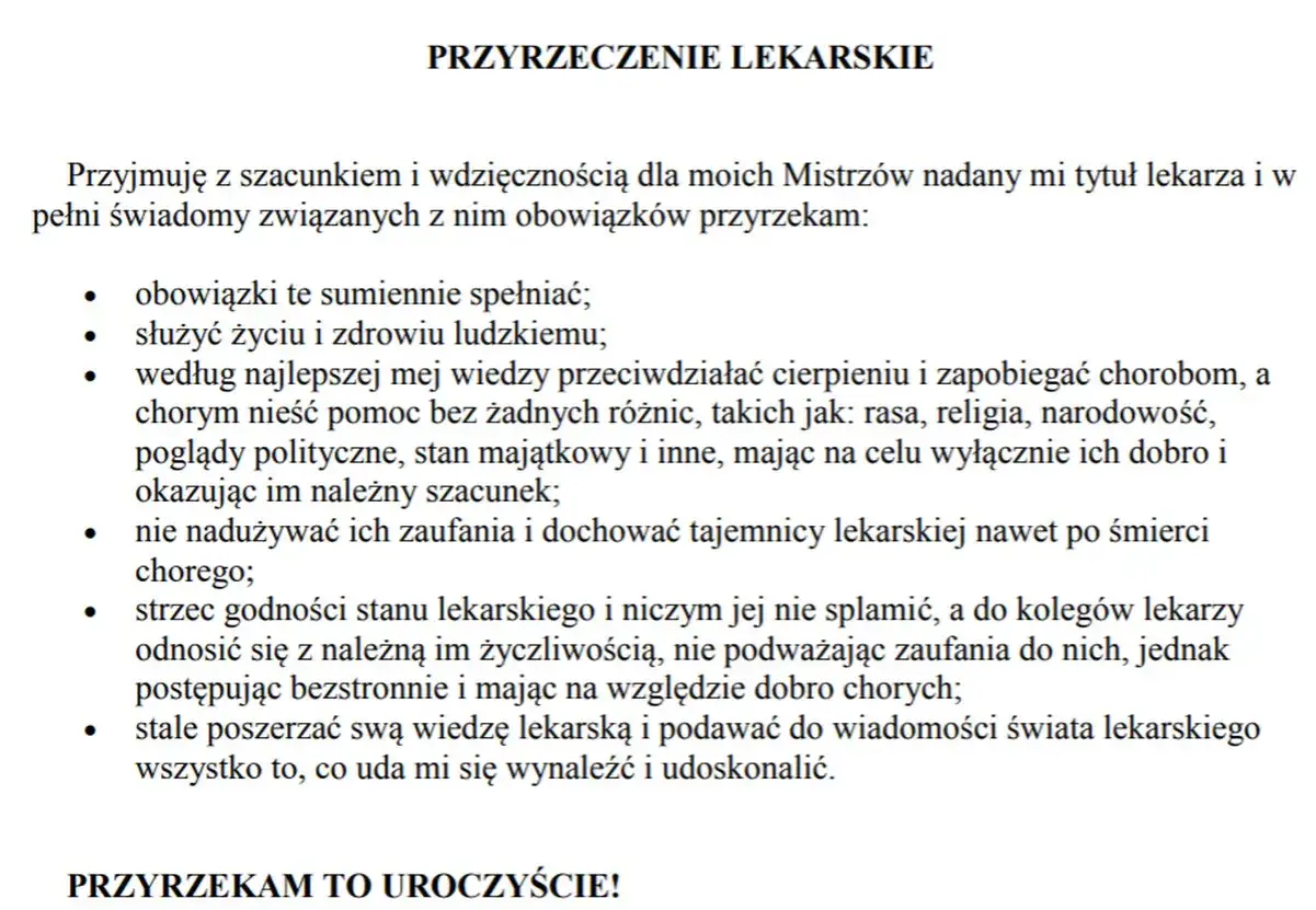 porównanie przysięga Hipokratesa Przyrzeczenie Lekarskie